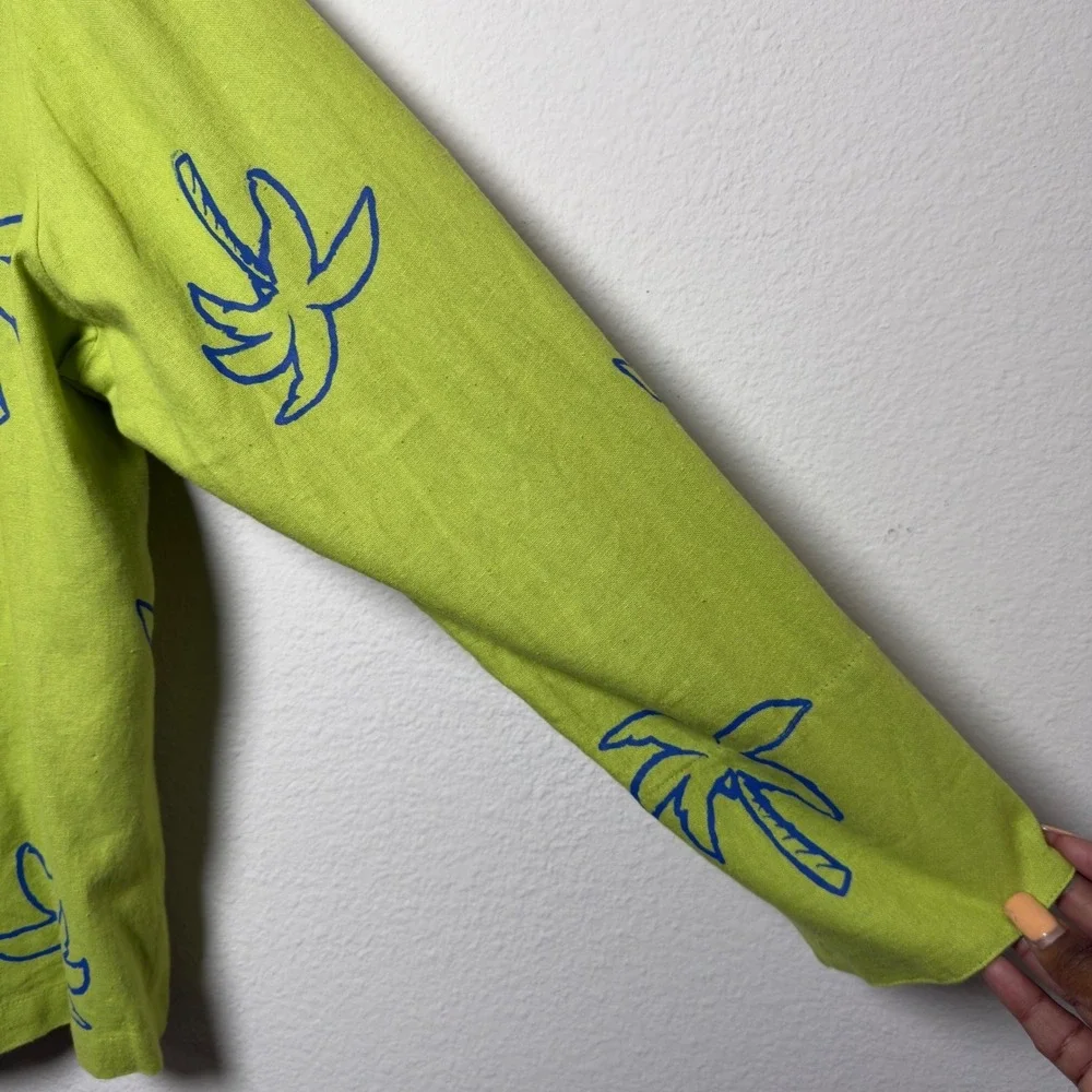 Women Silk Linen Zip Up Hoodie Large Lime Green Palm Tree Tropical Jacket Resort
